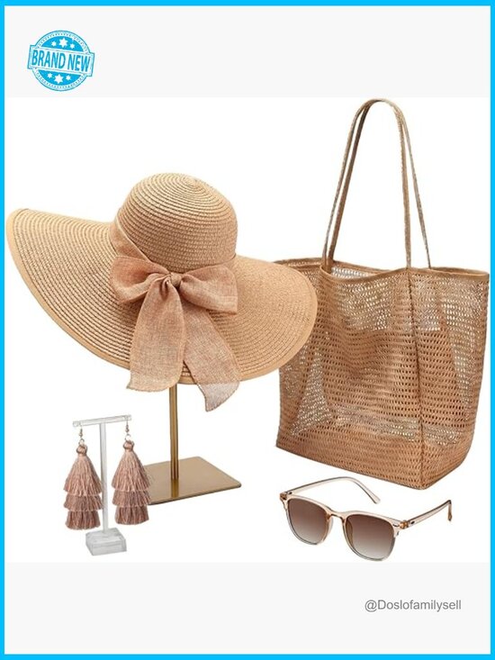 Bohemian Summer Accessories Set Straw Hat Mesh Tote Sunglasses Earrings main image 5